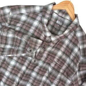 REI Co-op Shirt Mens XXL Brown Plaid Button Down Stretch Hiking Camping Gorpcore